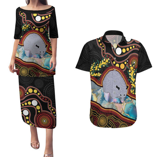 Australia Possum Couples Matching Puletasi and Hawaiian Shirt Aboriginal Art Mix Aussie Opal