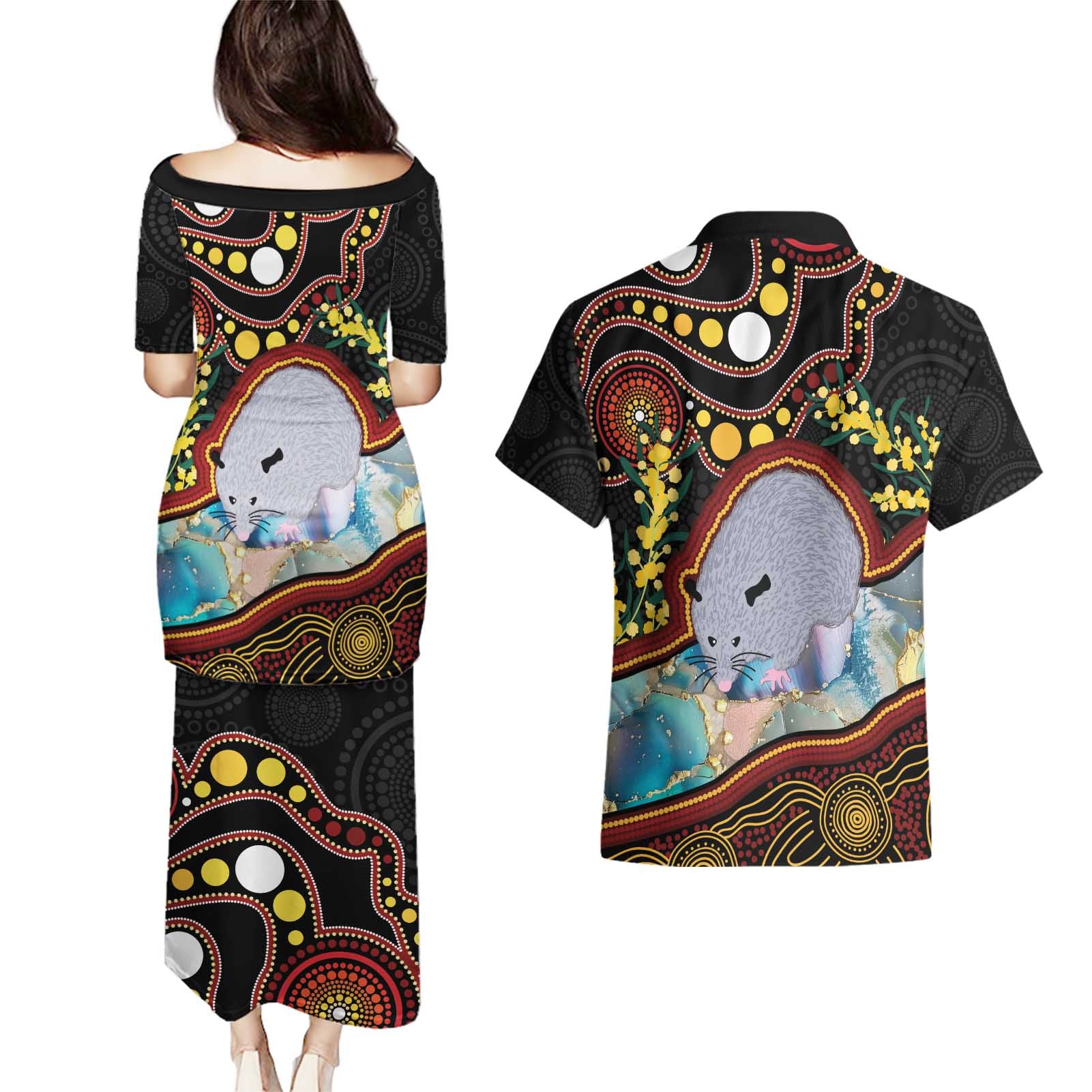 Australia Possum Couples Matching Puletasi and Hawaiian Shirt Aboriginal Art Mix Aussie Opal