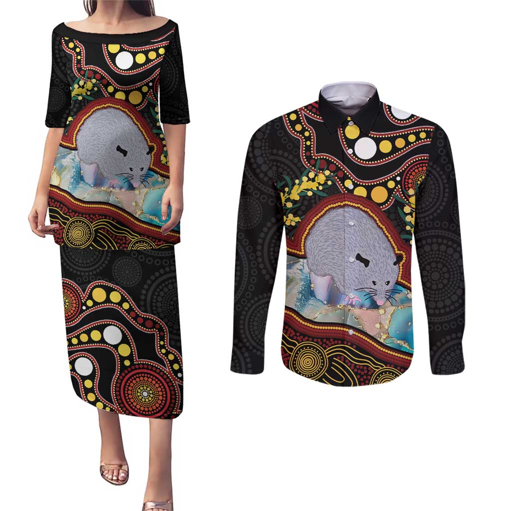 Australia Possum Couples Matching Puletasi and Long Sleeve Button Shirt Aboriginal Art Mix Aussie Opal
