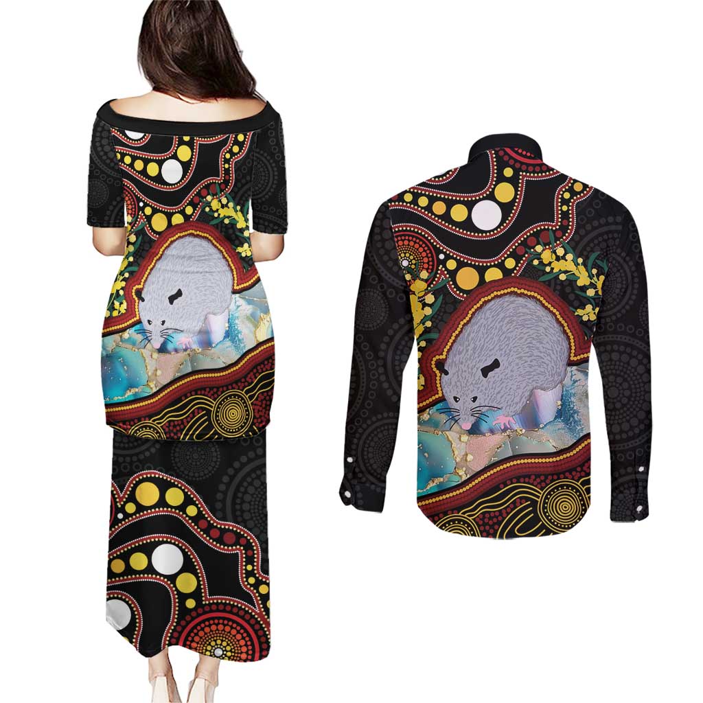 Australia Possum Couples Matching Puletasi and Long Sleeve Button Shirt Aboriginal Art Mix Aussie Opal
