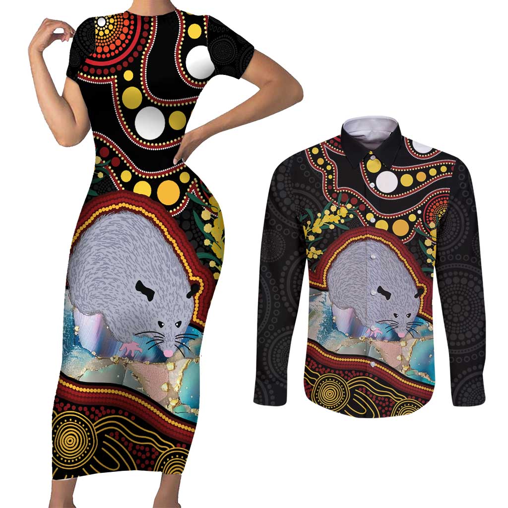 Australia Possum Couples Matching Short Sleeve Bodycon Dress and Long Sleeve Button Shirt Aboriginal Art Mix Aussie Opal