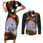 Australia Possum Couples Matching Short Sleeve Bodycon Dress and Long Sleeve Button Shirt Aboriginal Art Mix Aussie Opal
