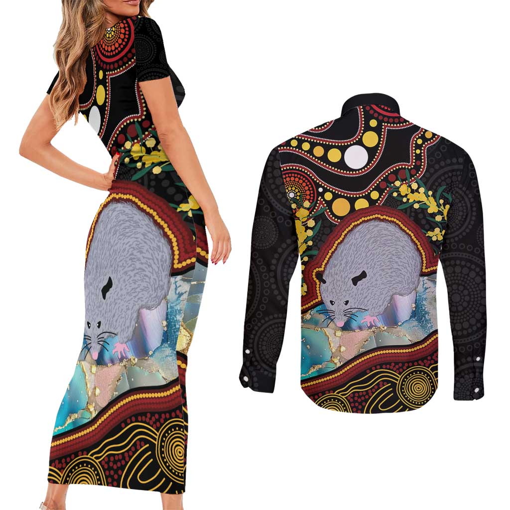 Australia Possum Couples Matching Short Sleeve Bodycon Dress and Long Sleeve Button Shirt Aboriginal Art Mix Aussie Opal