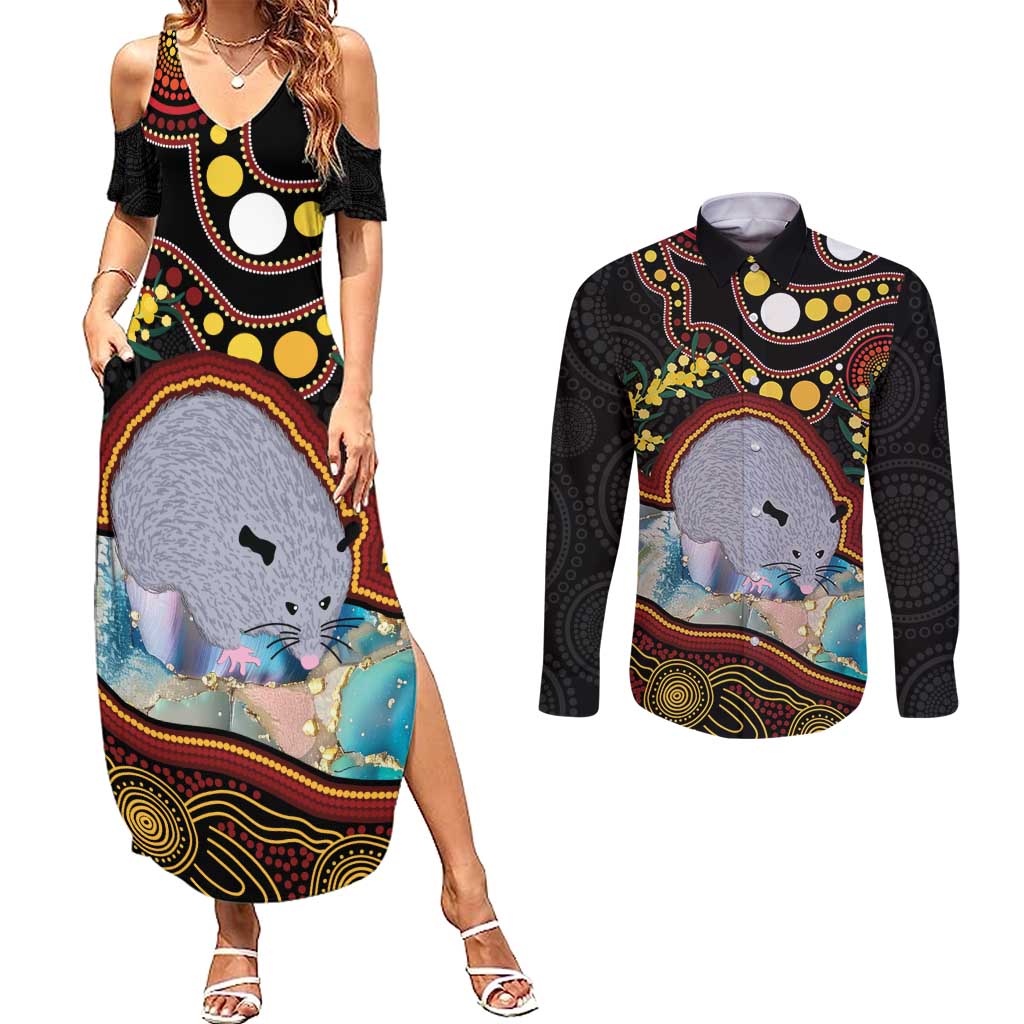 Australia Possum Couples Matching Summer Maxi Dress and Long Sleeve Button Shirt Aboriginal Art Mix Aussie Opal