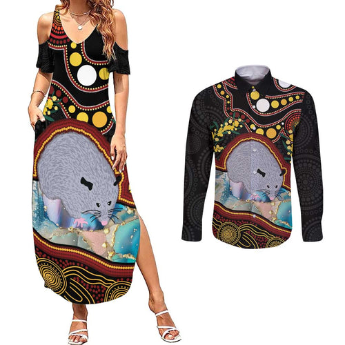 Australia Possum Couples Matching Summer Maxi Dress and Long Sleeve Button Shirt Aboriginal Art Mix Aussie Opal