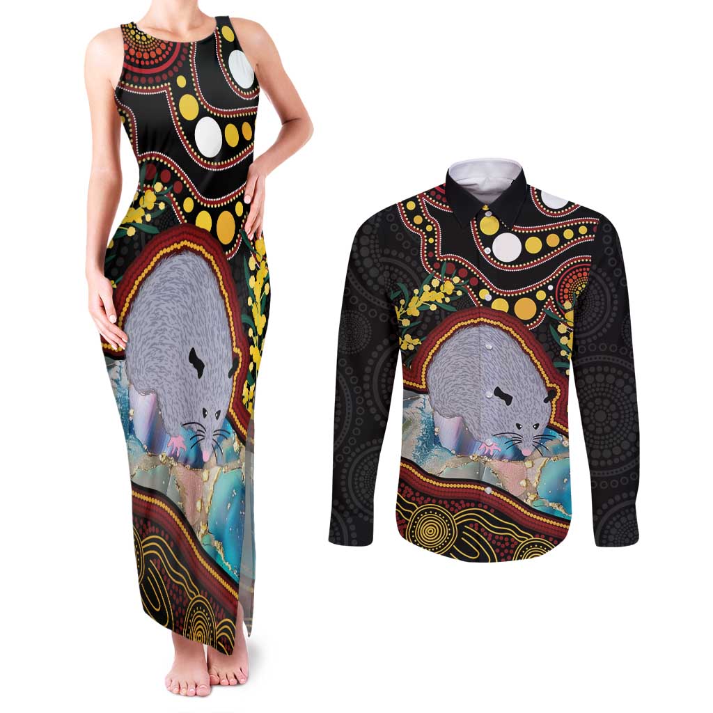 Australia Possum Couples Matching Tank Maxi Dress and Long Sleeve Button Shirt Aboriginal Art Mix Aussie Opal