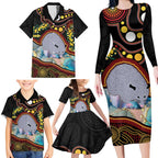 Australia Possum Family Matching Long Sleeve Bodycon Dress and Hawaiian Shirt Aboriginal Art Mix Aussie Opal