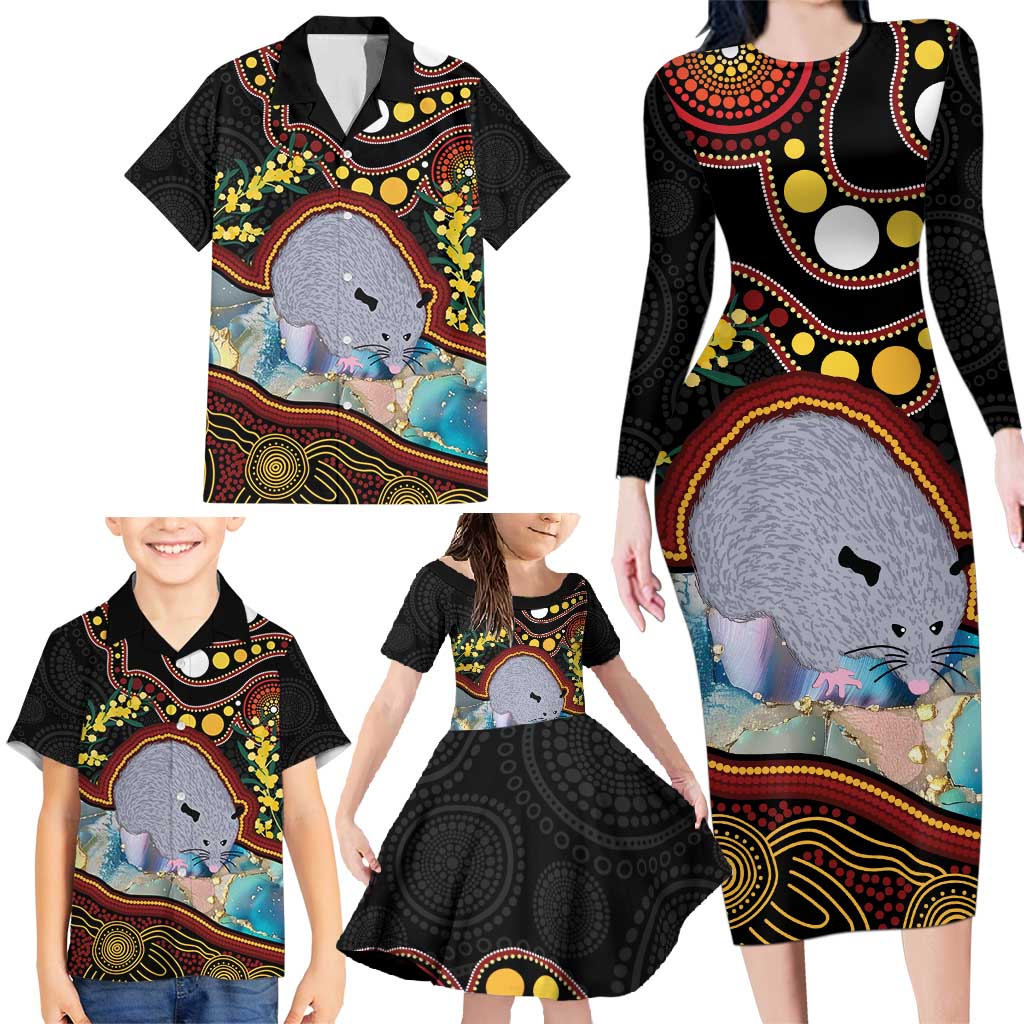 Australia Possum Family Matching Long Sleeve Bodycon Dress and Hawaiian Shirt Aboriginal Art Mix Aussie Opal