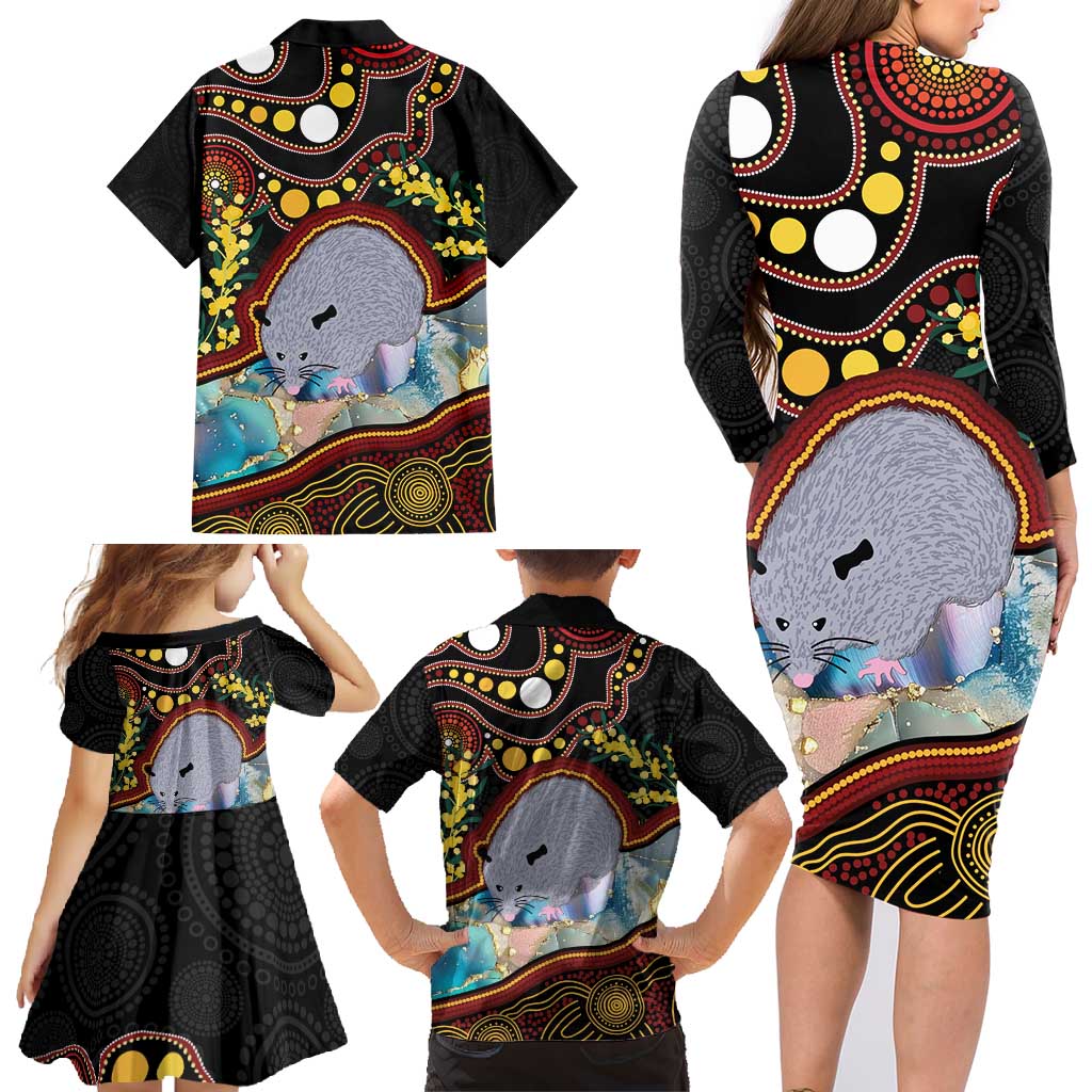 Australia Possum Family Matching Long Sleeve Bodycon Dress and Hawaiian Shirt Aboriginal Art Mix Aussie Opal