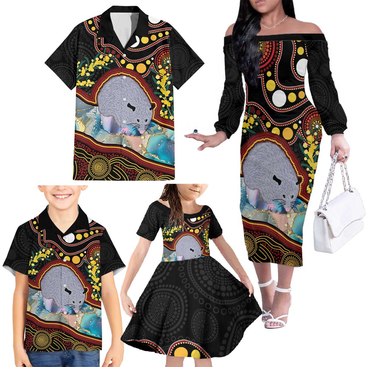 Australia Possum Family Matching Off The Shoulder Long Sleeve Dress and Hawaiian Shirt Aboriginal Art Mix Aussie Opal