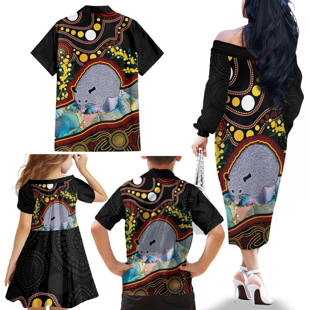 Australia Possum Family Matching Off The Shoulder Long Sleeve Dress and Hawaiian Shirt Aboriginal Art Mix Aussie Opal
