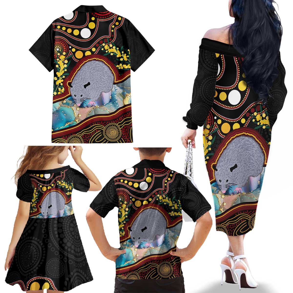 Australia Possum Family Matching Off The Shoulder Long Sleeve Dress and Hawaiian Shirt Aboriginal Art Mix Aussie Opal
