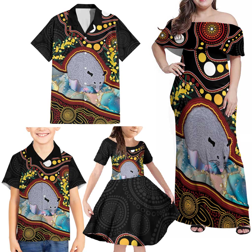 Australia Possum Family Matching Off Shoulder Maxi Dress and Hawaiian Shirt Aboriginal Art Mix Aussie Opal