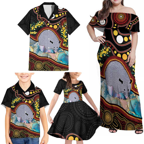 Australia Possum Family Matching Off Shoulder Maxi Dress and Hawaiian Shirt Aboriginal Art Mix Aussie Opal