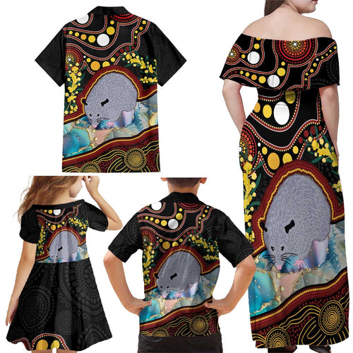 Australia Possum Family Matching Off Shoulder Maxi Dress and Hawaiian Shirt Aboriginal Art Mix Aussie Opal
