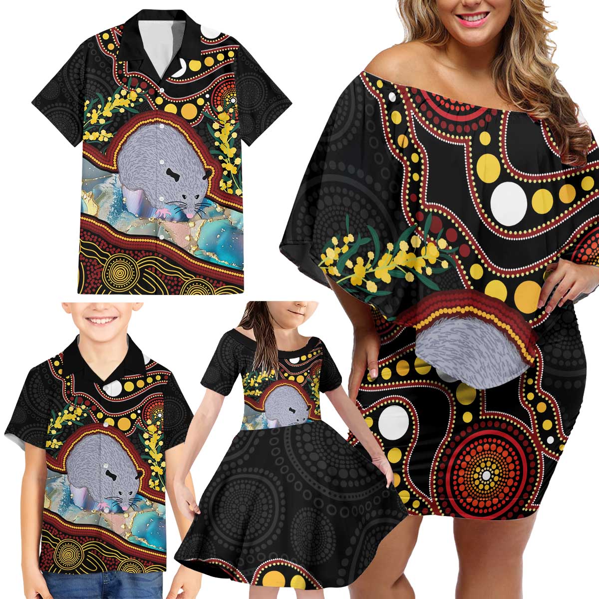 Australia Possum Family Matching Off Shoulder Short Dress and Hawaiian Shirt Aboriginal Art Mix Aussie Opal