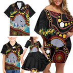 Australia Possum Family Matching Off Shoulder Short Dress and Hawaiian Shirt Aboriginal Art Mix Aussie Opal