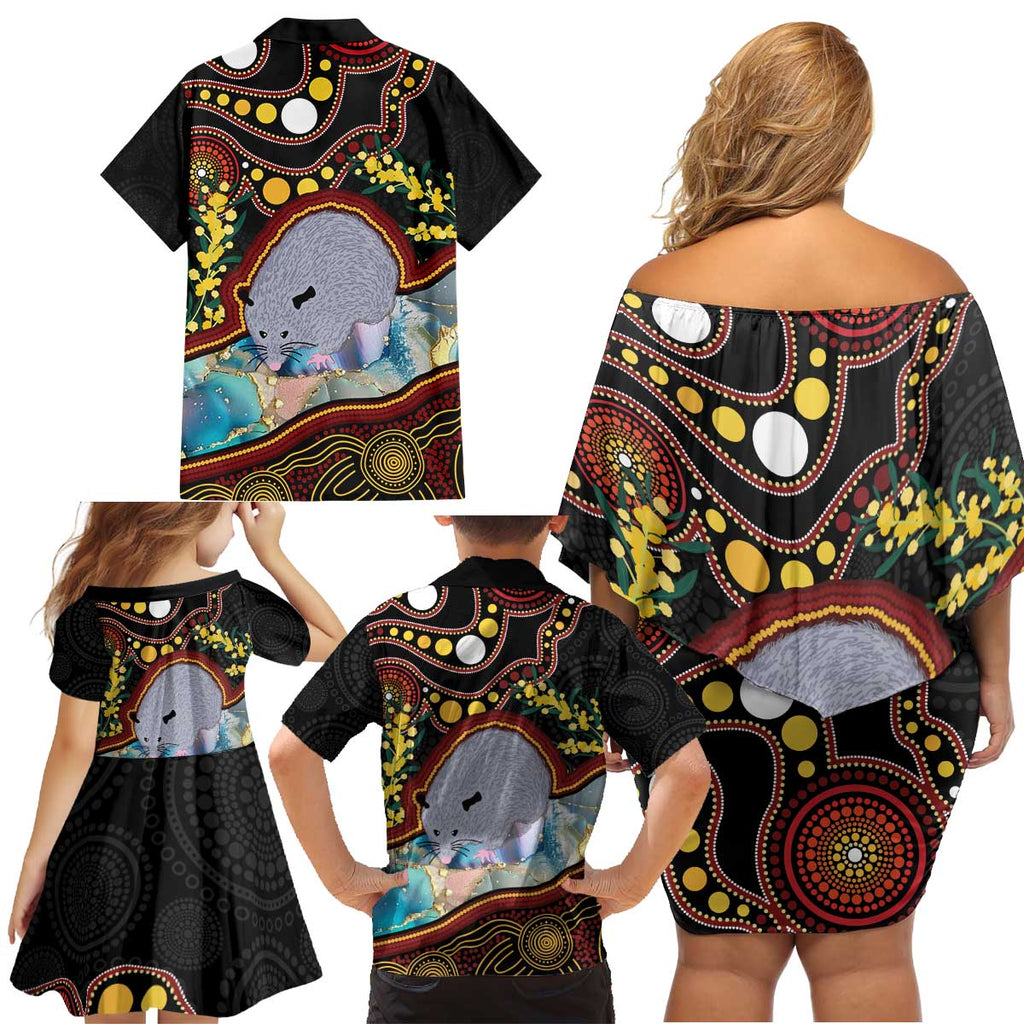 Australia Possum Family Matching Off Shoulder Short Dress and Hawaiian Shirt Aboriginal Art Mix Aussie Opal