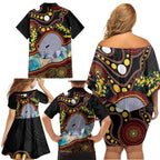 Australia Possum Family Matching Off Shoulder Short Dress and Hawaiian Shirt Aboriginal Art Mix Aussie Opal