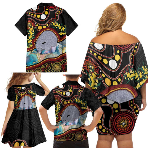 Australia Possum Family Matching Off Shoulder Short Dress and Hawaiian Shirt Aboriginal Art Mix Aussie Opal
