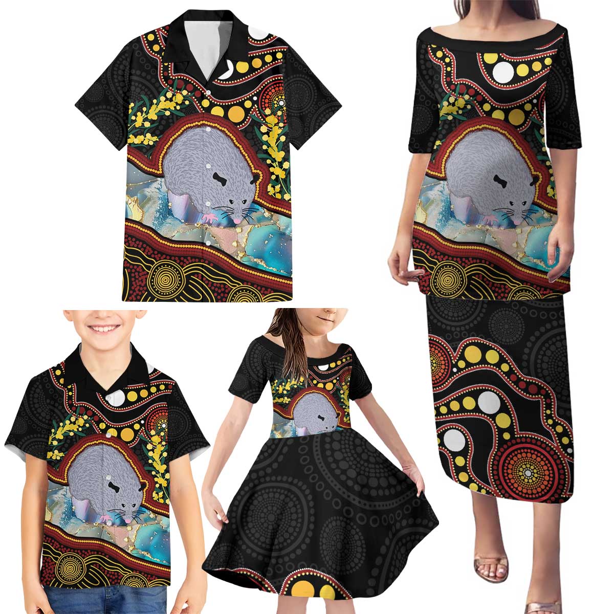 Australia Possum Family Matching Puletasi and Hawaiian Shirt Aboriginal Art Mix Aussie Opal