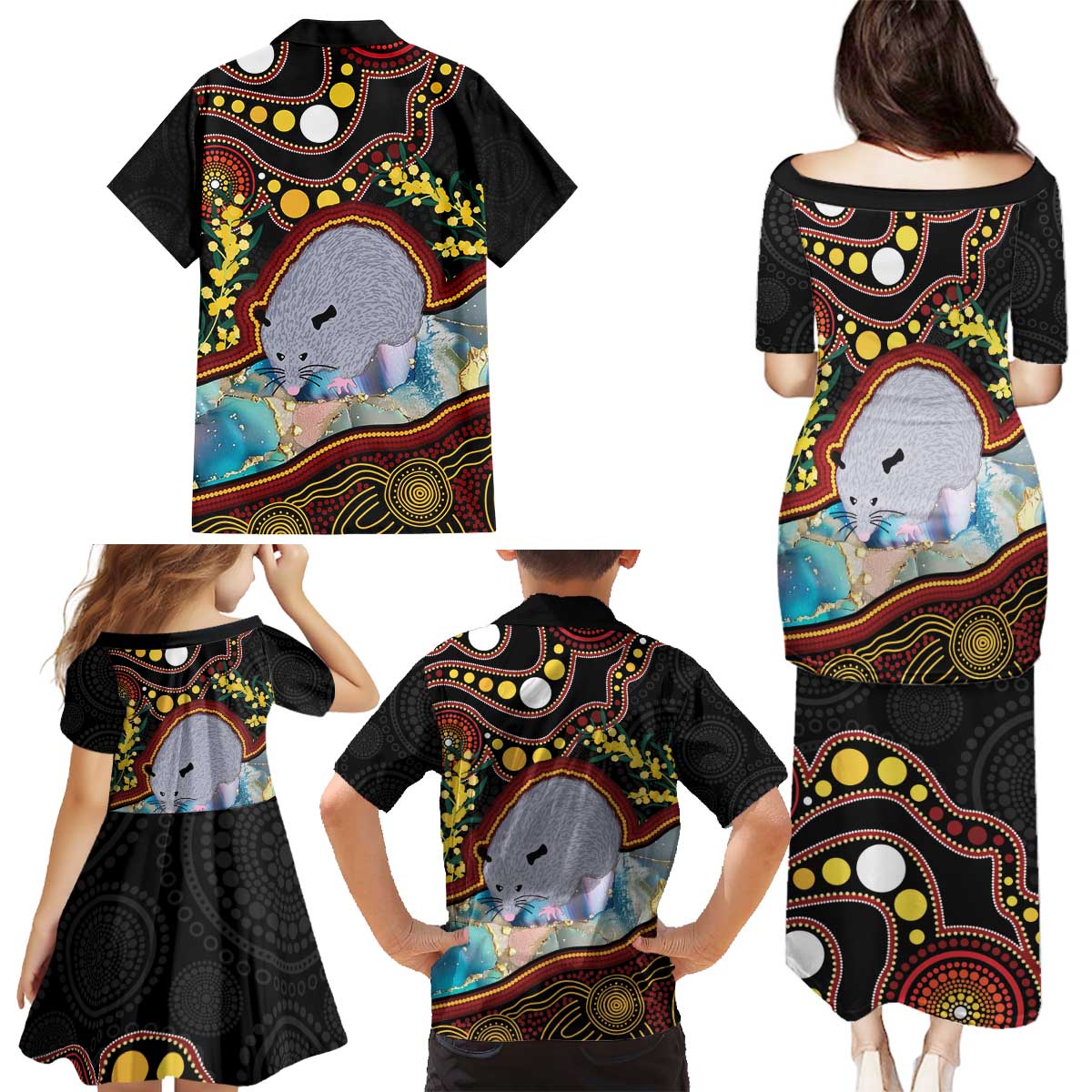 Australia Possum Family Matching Puletasi and Hawaiian Shirt Aboriginal Art Mix Aussie Opal