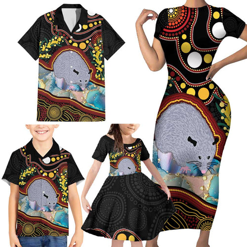 Australia Possum Family Matching Short Sleeve Bodycon Dress and Hawaiian Shirt Aboriginal Art Mix Aussie Opal