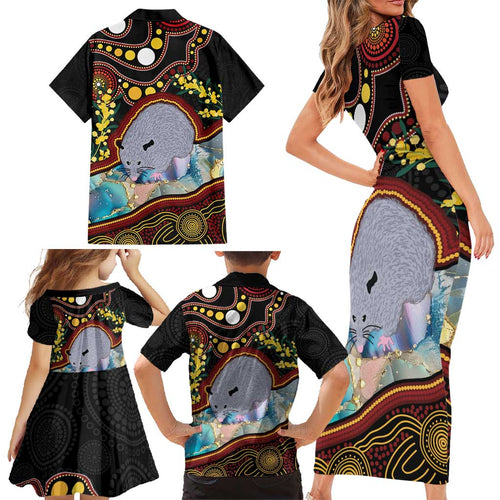 Australia Possum Family Matching Short Sleeve Bodycon Dress and Hawaiian Shirt Aboriginal Art Mix Aussie Opal