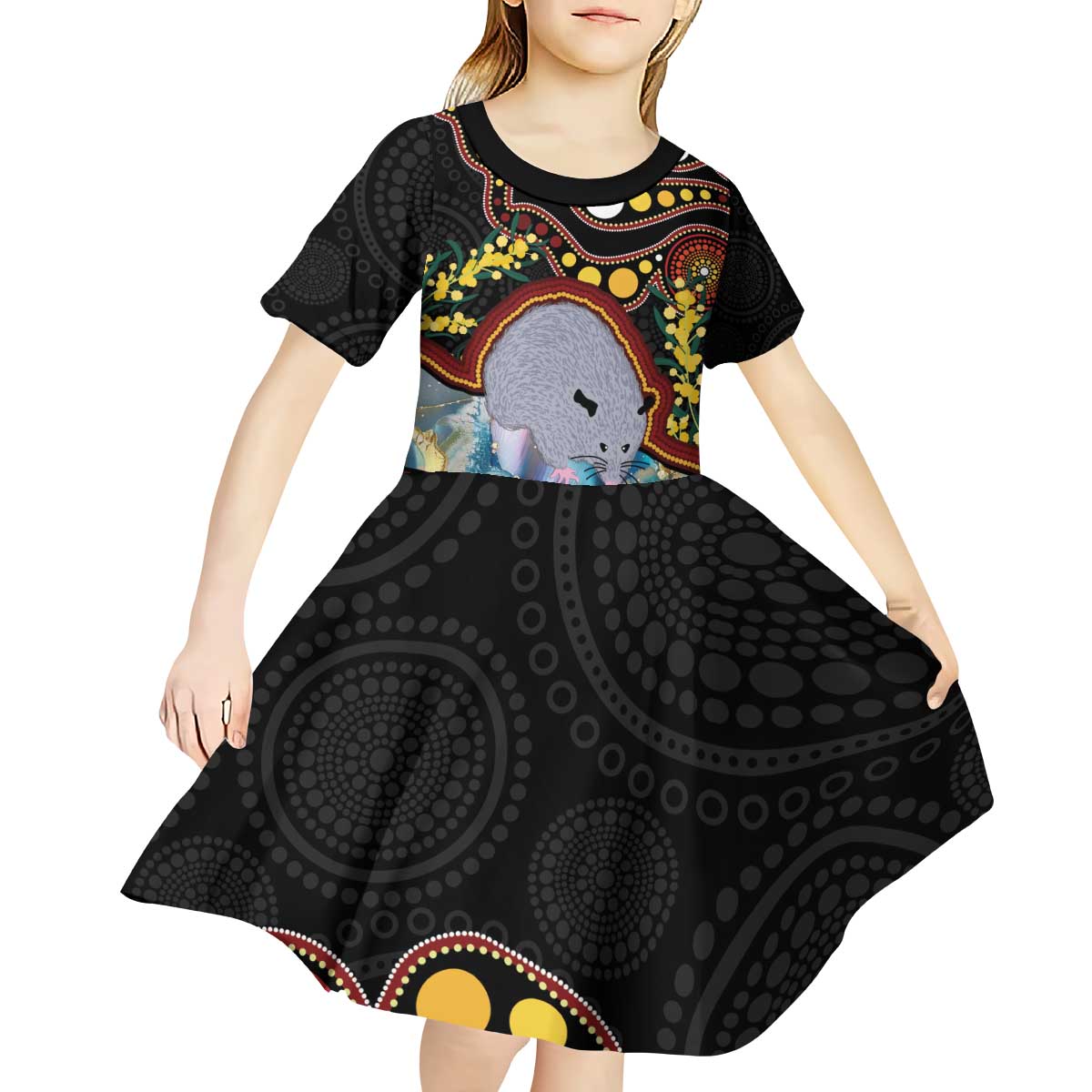 Australia Possum Kid Short Sleeve Dress Aboriginal Art Mix Aussie Opal