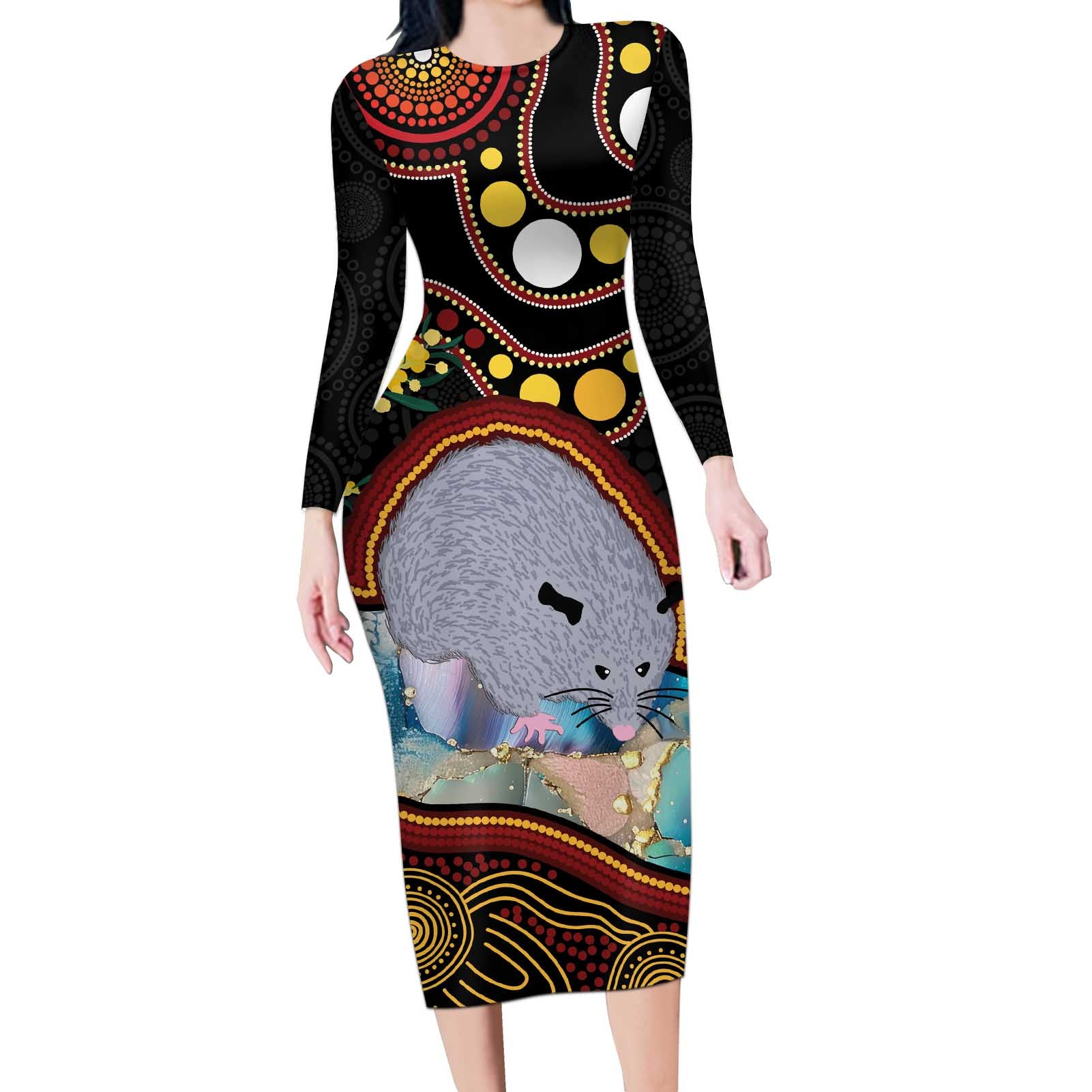 Australia Possum Long Sleeve Bodycon Dress Aboriginal Art Mix Aussie Opal