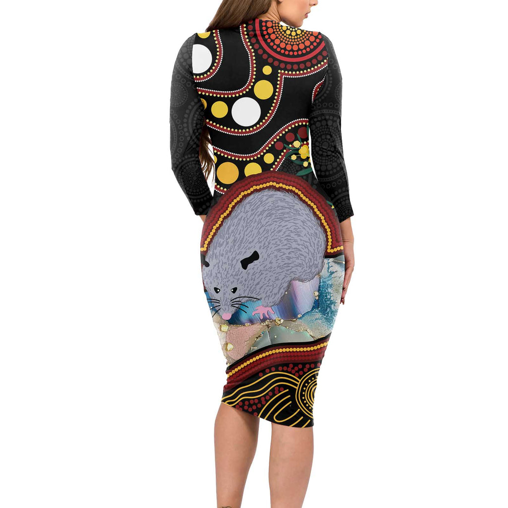 Australia Possum Long Sleeve Bodycon Dress Aboriginal Art Mix Aussie Opal
