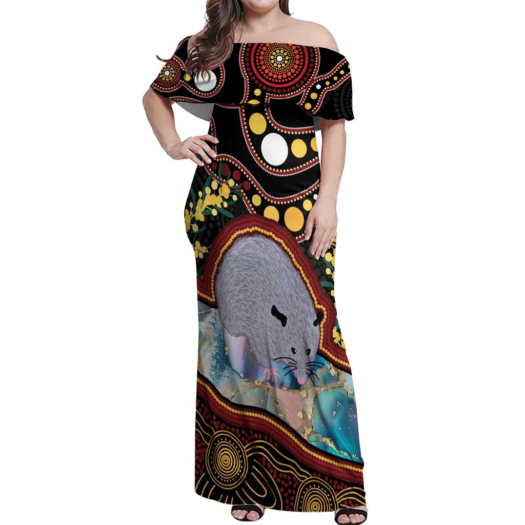 Australia Possum Off Shoulder Maxi Dress Aboriginal Art Mix Aussie Opal