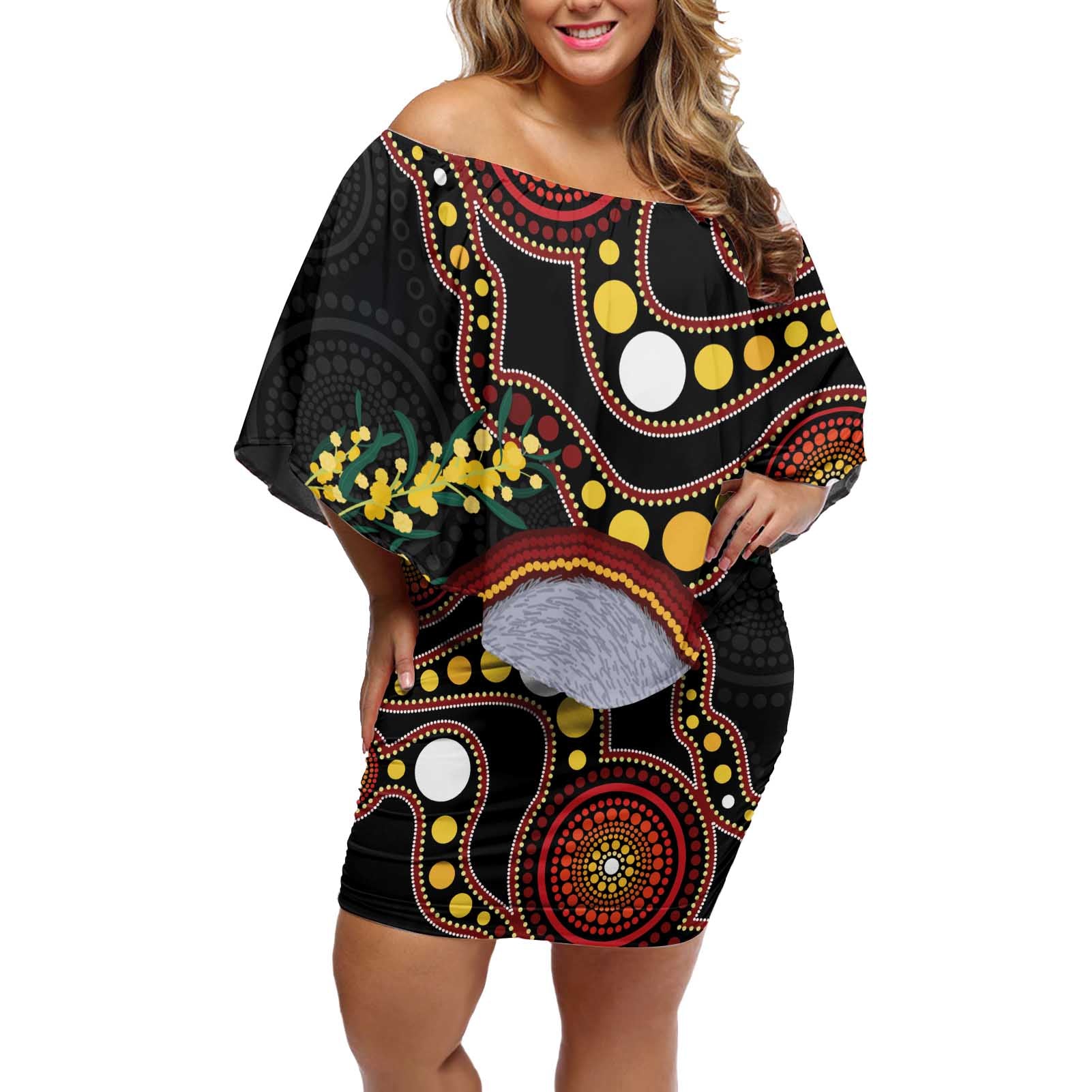Australia Possum Off Shoulder Short Dress Aboriginal Art Mix Aussie Opal