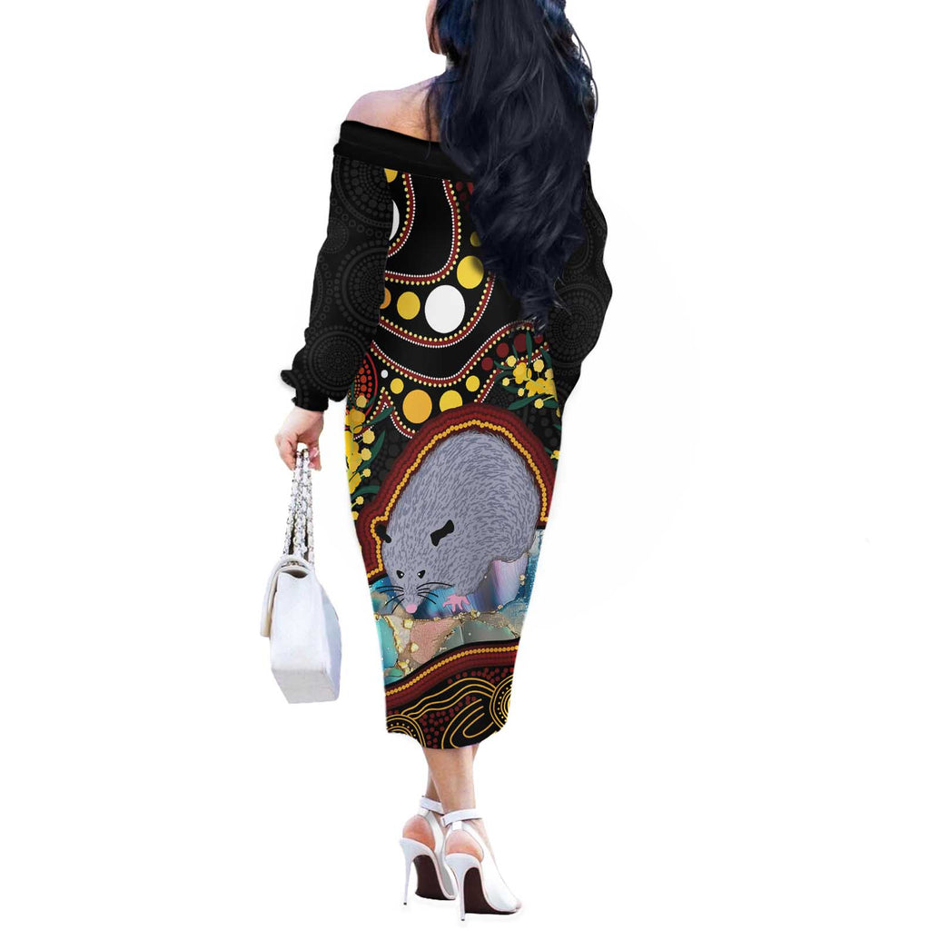 Australia Possum Off The Shoulder Long Sleeve Dress Aboriginal Art Mix Aussie Opal