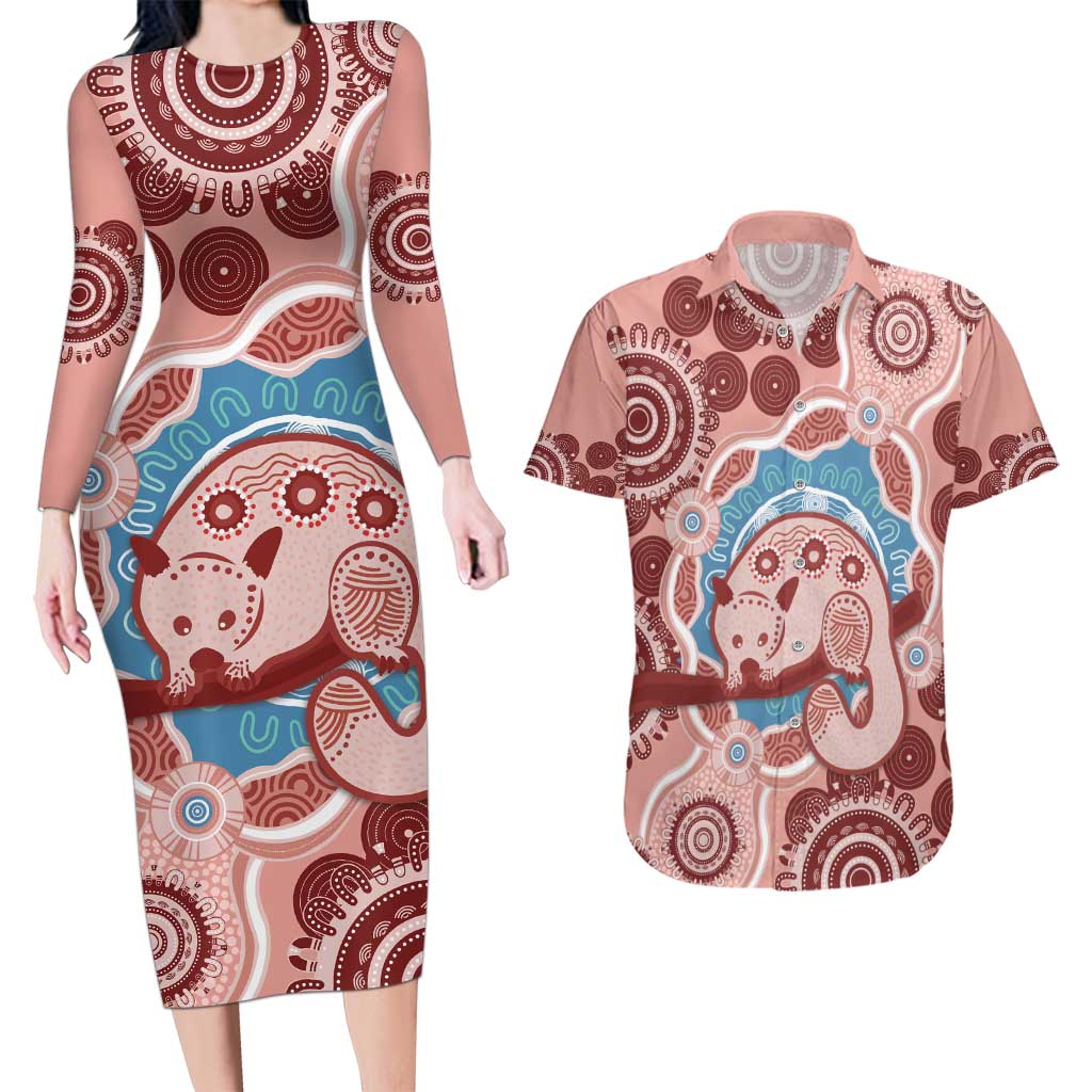 Blush Pink Australia Possum Couples Matching Long Sleeve Bodycon Dress and Hawaiian Shirt Indigenous Art