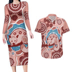 Blush Pink Australia Possum Couples Matching Long Sleeve Bodycon Dress and Hawaiian Shirt Indigenous Art