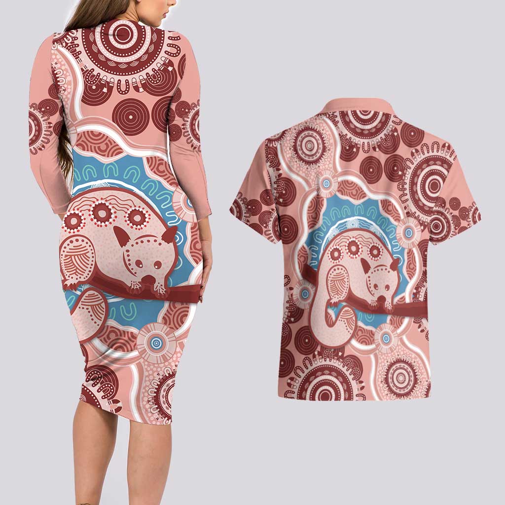 Blush Pink Australia Possum Couples Matching Long Sleeve Bodycon Dress and Hawaiian Shirt Indigenous Art
