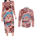 Blush Pink Australia Possum Couples Matching Long Sleeve Bodycon Dress and Long Sleeve Button Shirt Indigenous Art