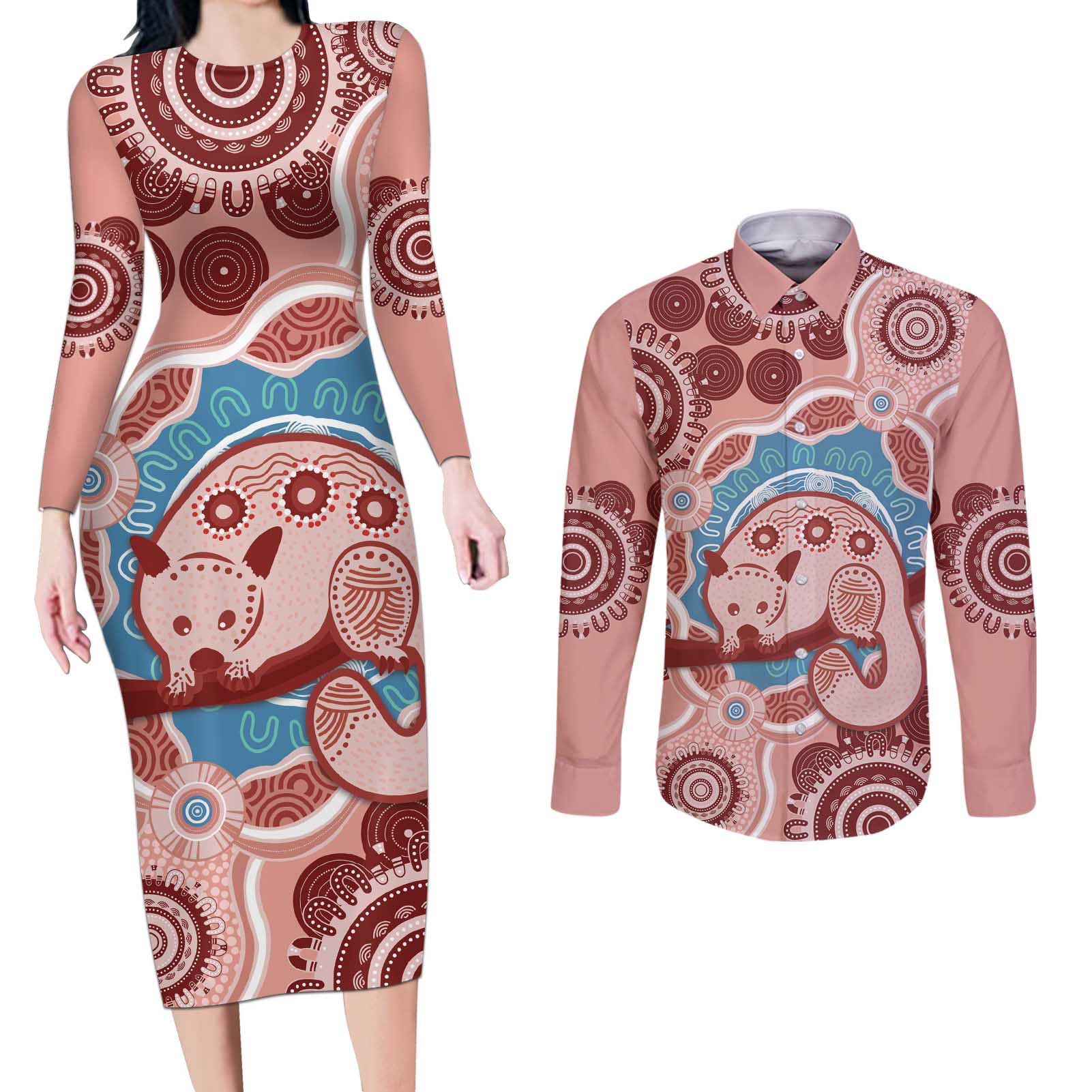 Blush Pink Australia Possum Couples Matching Long Sleeve Bodycon Dress and Long Sleeve Button Shirt Indigenous Art