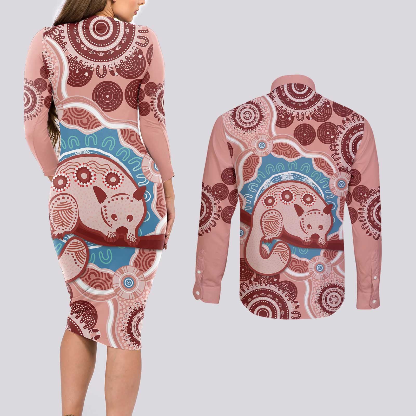 Blush Pink Australia Possum Couples Matching Long Sleeve Bodycon Dress and Long Sleeve Button Shirt Indigenous Art