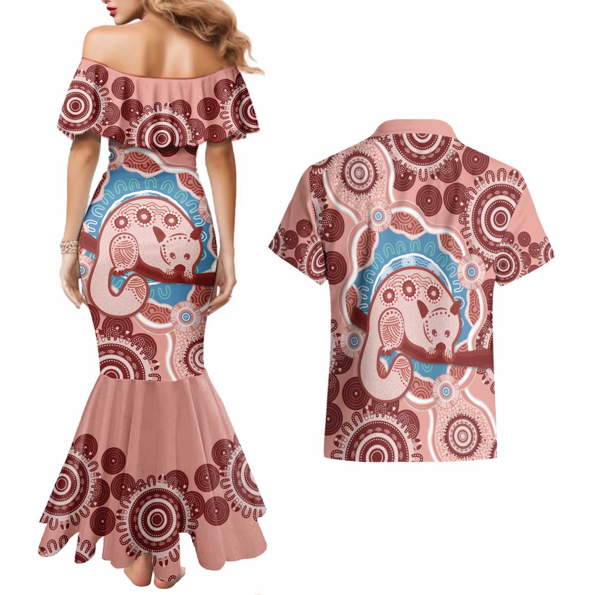Blush Pink Australia Possum Couples Matching Mermaid Dress and Hawaiian Shirt Indigenous Art