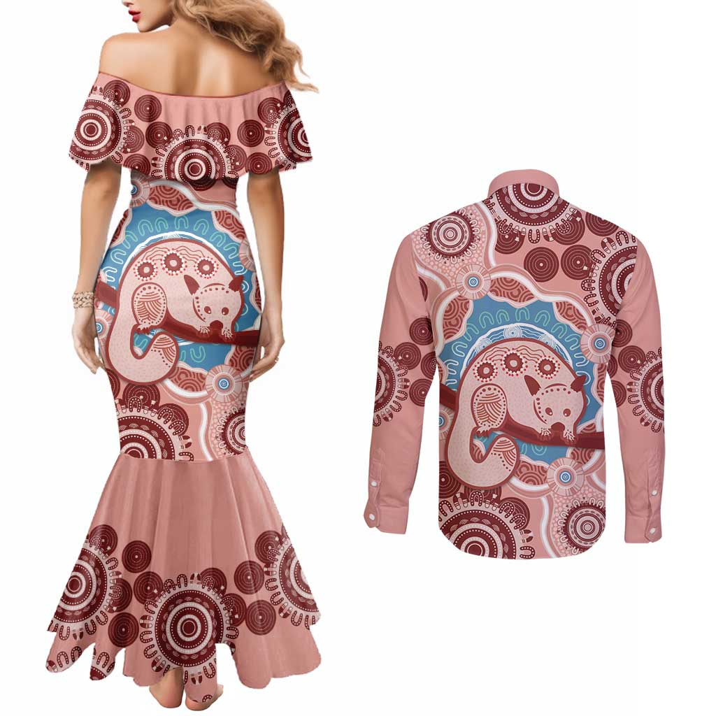 Blush Pink Australia Possum Couples Matching Mermaid Dress and Long Sleeve Button Shirt Indigenous Art