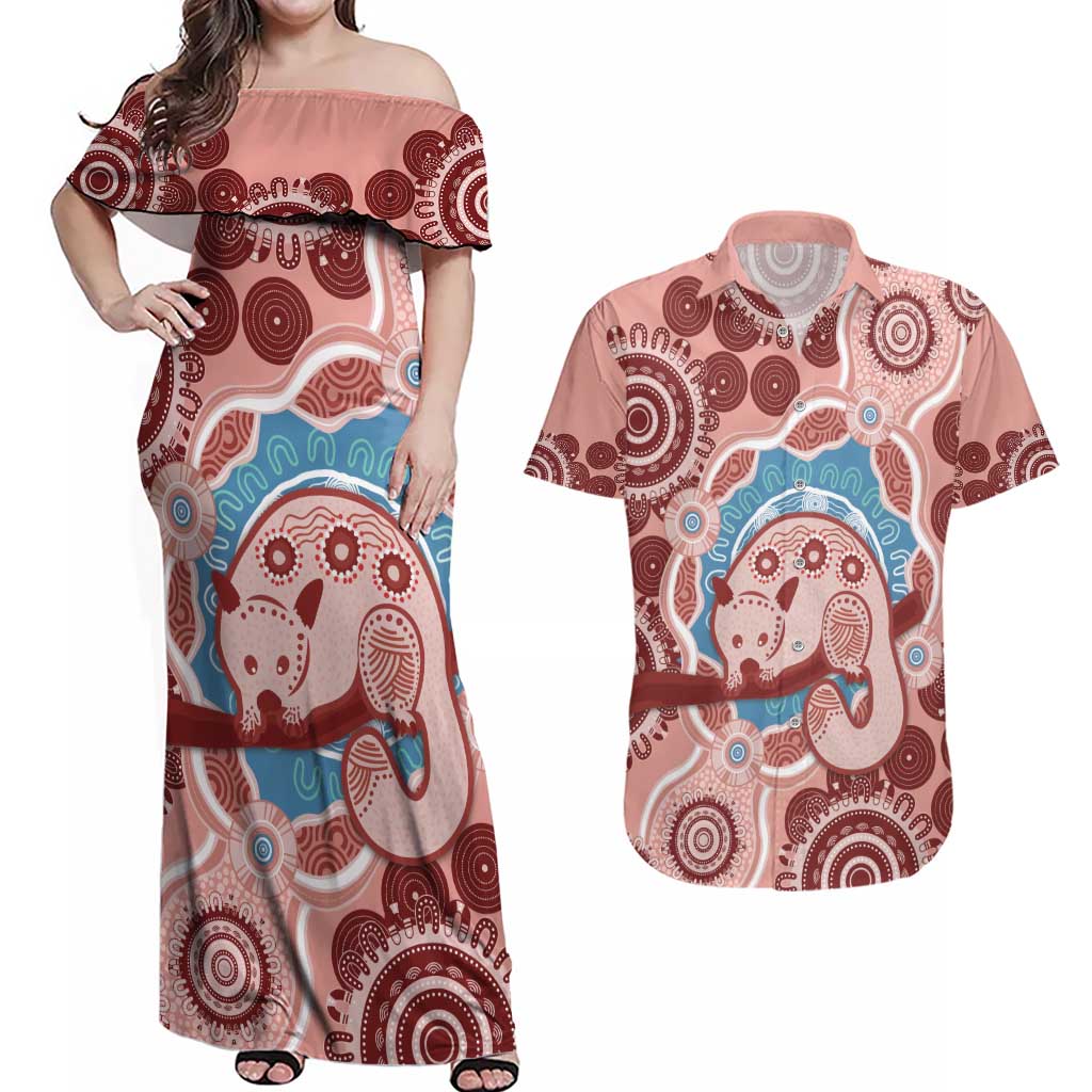 Blush Pink Australia Possum Couples Matching Off Shoulder Maxi Dress and Hawaiian Shirt Indigenous Art