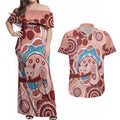 Blush Pink Australia Possum Couples Matching Off Shoulder Maxi Dress and Hawaiian Shirt Indigenous Art