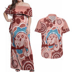 Blush Pink Australia Possum Couples Matching Off Shoulder Maxi Dress and Hawaiian Shirt Indigenous Art