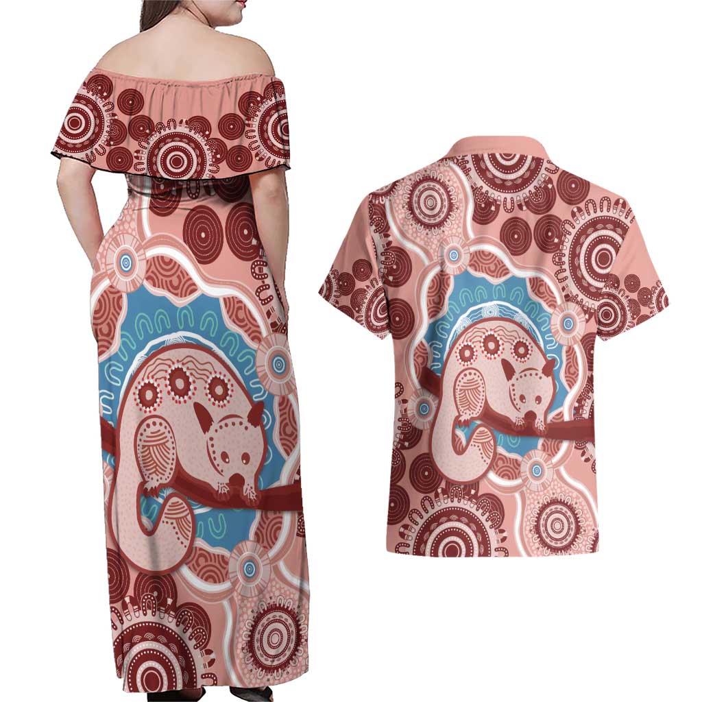 Blush Pink Australia Possum Couples Matching Off Shoulder Maxi Dress and Hawaiian Shirt Indigenous Art