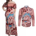 Blush Pink Australia Possum Couples Matching Off Shoulder Maxi Dress and Long Sleeve Button Shirt Indigenous Art
