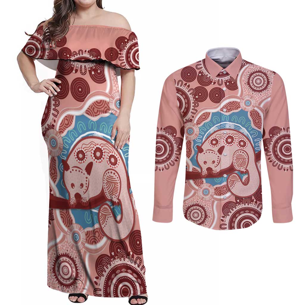 Blush Pink Australia Possum Couples Matching Off Shoulder Maxi Dress and Long Sleeve Button Shirt Indigenous Art