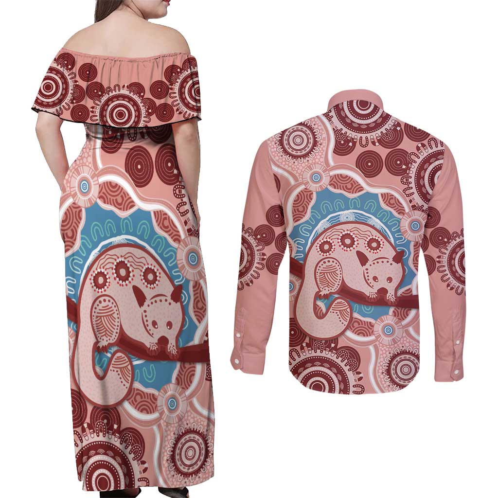 Blush Pink Australia Possum Couples Matching Off Shoulder Maxi Dress and Long Sleeve Button Shirt Indigenous Art