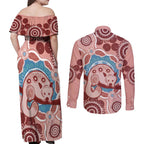 Blush Pink Australia Possum Couples Matching Off Shoulder Maxi Dress and Long Sleeve Button Shirt Indigenous Art